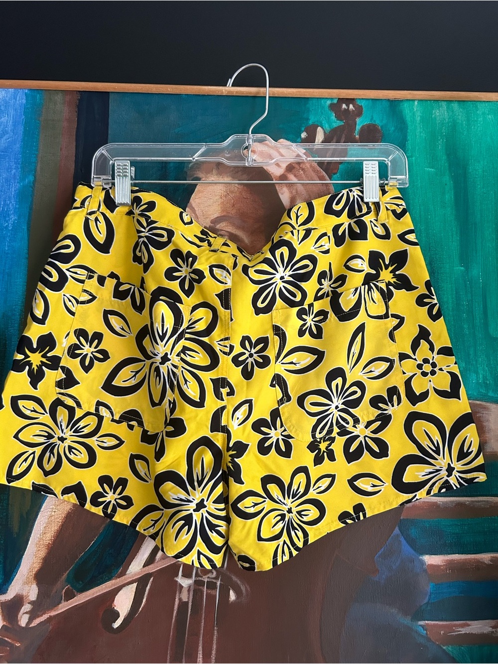 WWomen's Yellow Floral Bermuda Shorts with Black Print - Picture 3 of 12